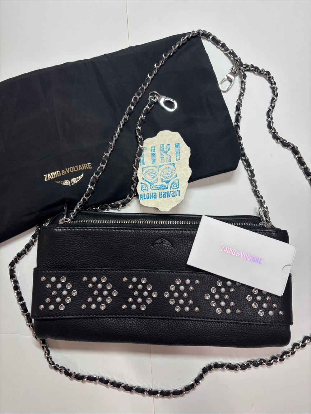 Zadig & Voltaire Black Leather Studded Chain Convertible Purse Clutch